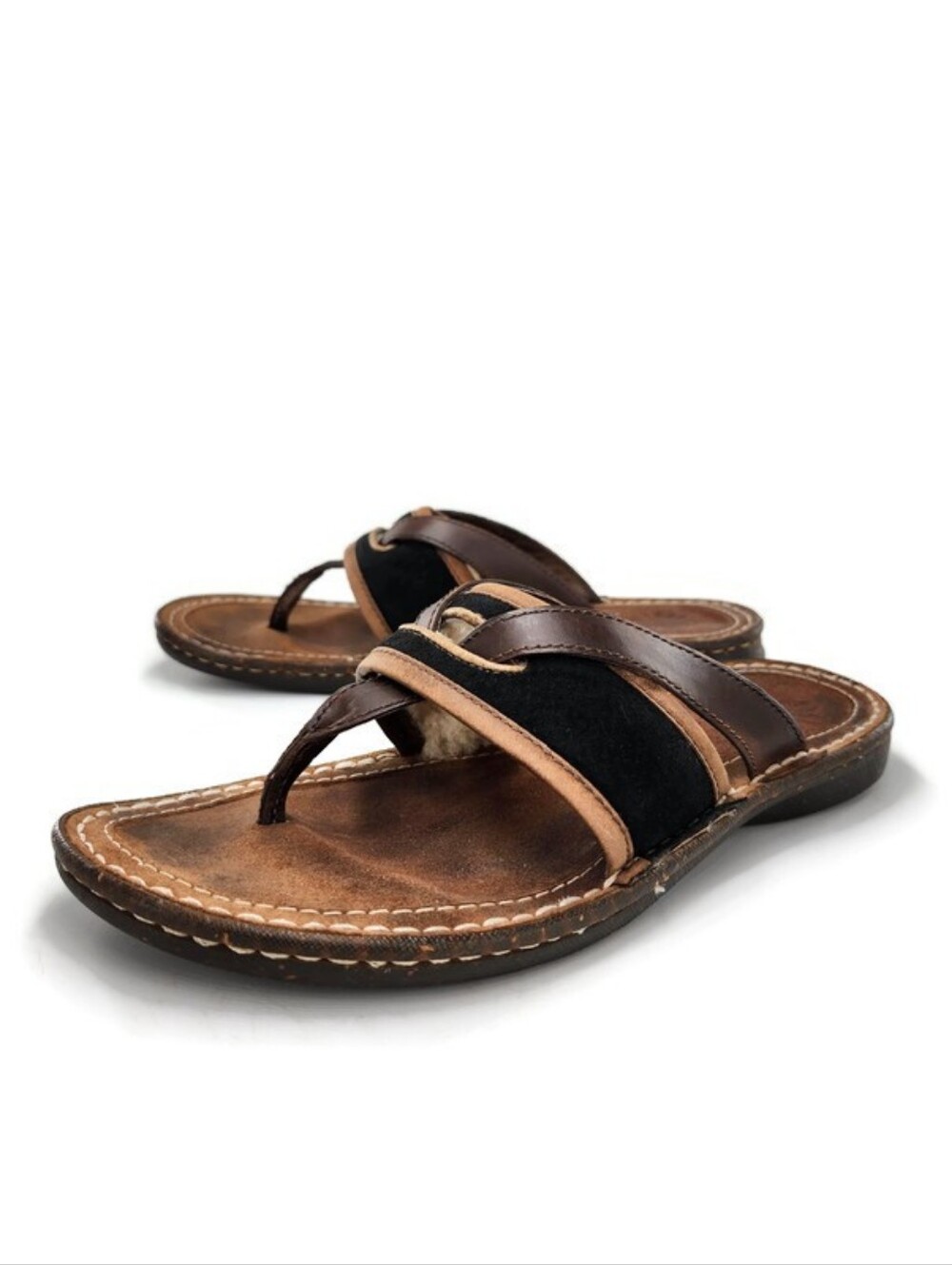 UGG Matala SN 5701 Brown Leather Black Suede Sheepskin Lined Thong Flip-Flops